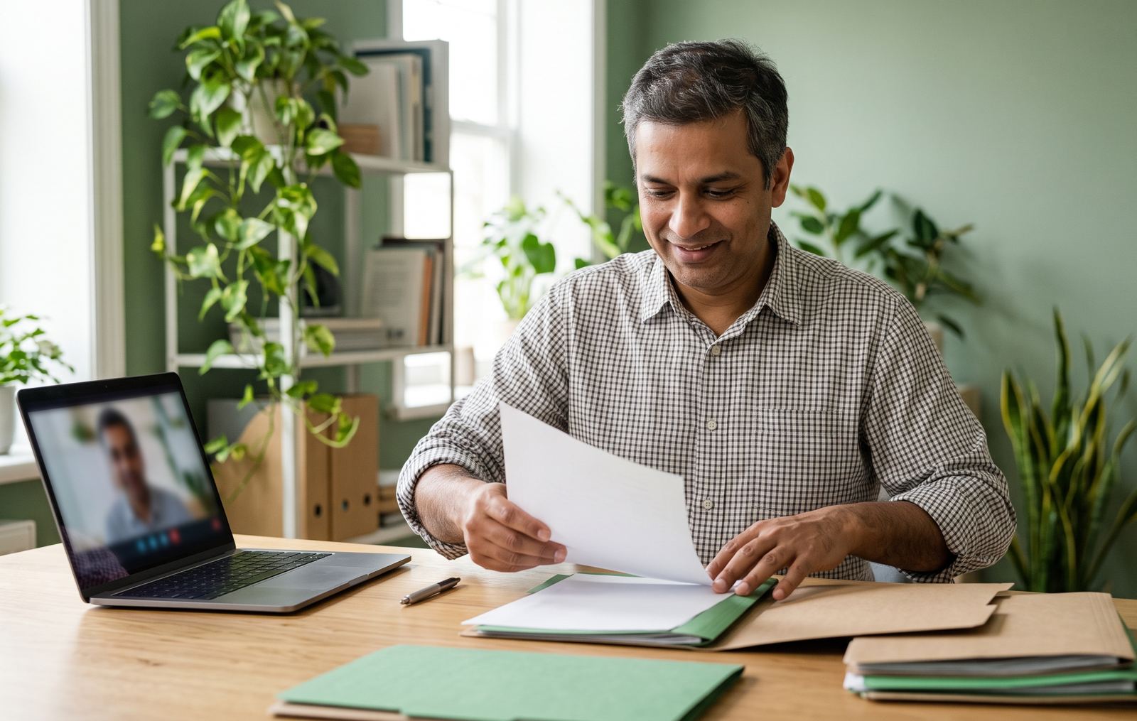 The same kind of business owner, calm and smiling, sorting his papers into green folders during a video call