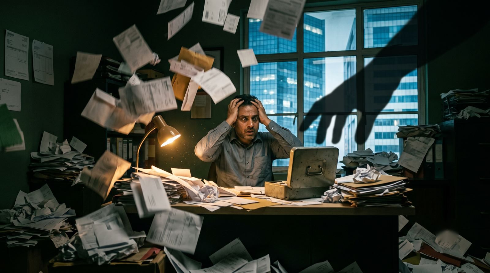 A shop owner at his desk at night, holding his head as bills and notices fall around him, while a shadow of a hand reaches from the office towers outside